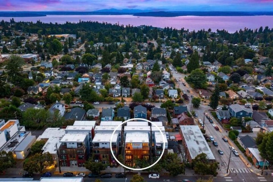Aerial view of townhome with Alki beach