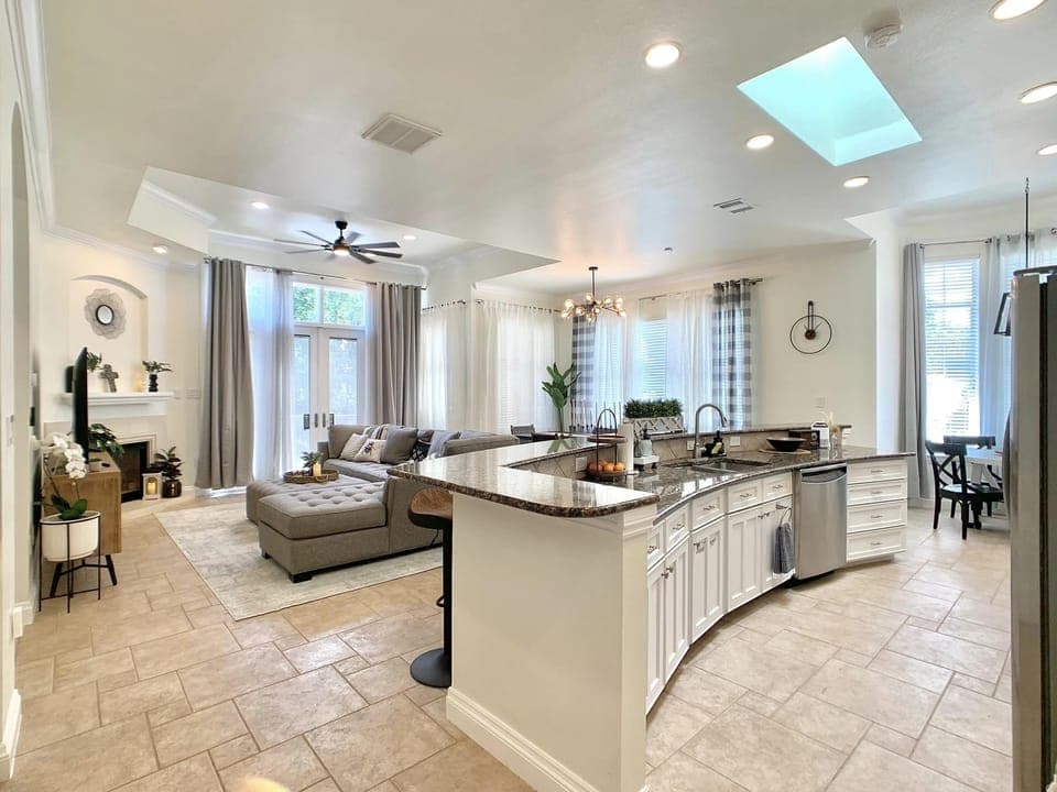 A spacious living room and kitchen area