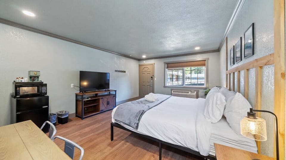 Bedroom with TV and Fridge