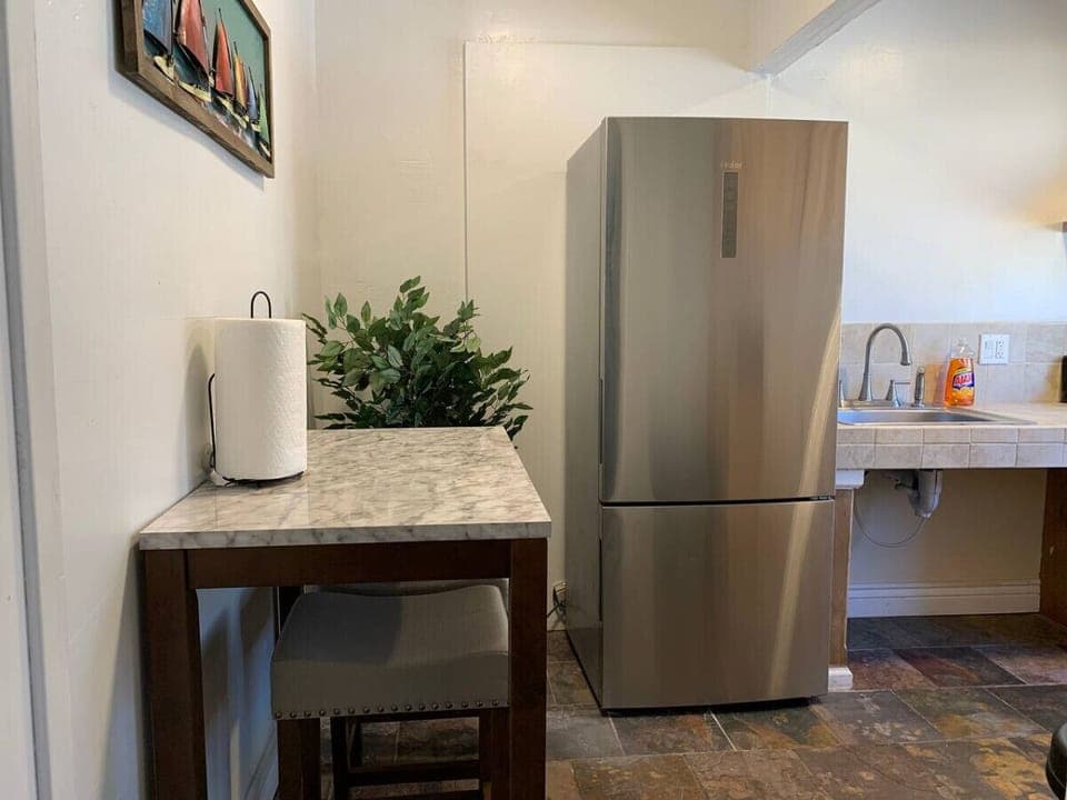 View of the kitchen from the living area.