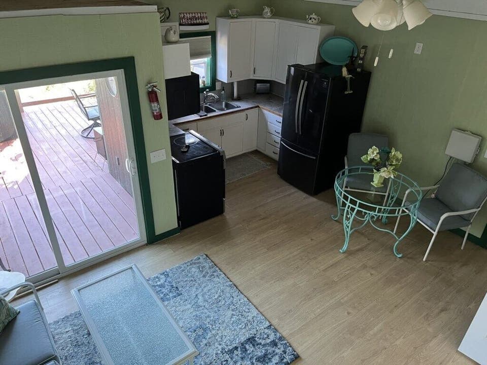 Living room with view to deck