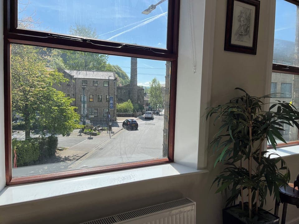 View from front window looking out to the village square and historic Town  Hall