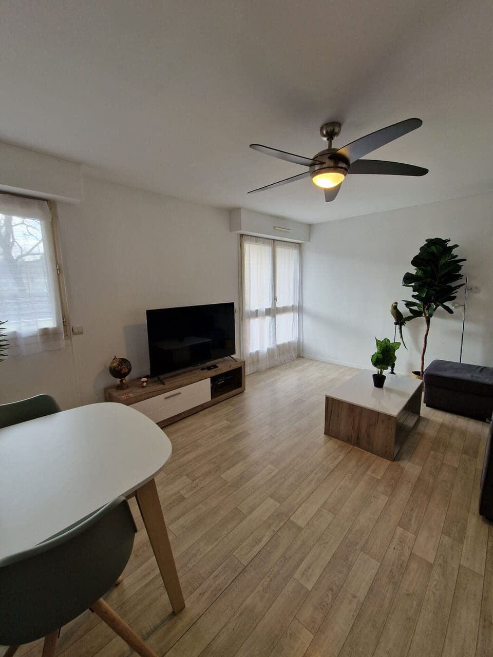"Discover the living area of the Le Square apartment in Le Mans through this photo. You can see the coffee table, a glimpse of the dining table on the left, the windows in the background, the TV cabinet with flat-screen TV, the ceiling fan, and the double French window. Enjoy a warm and comfortable space to relax and spend pleasant moments with family and friends."