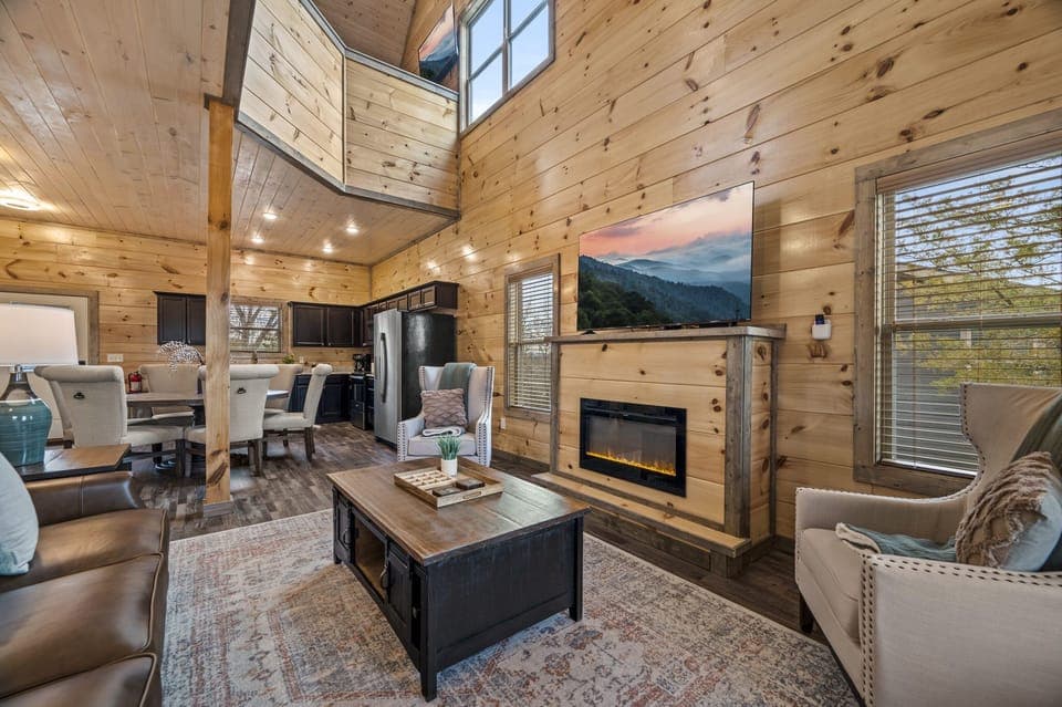 The fireplace is electric and has multiple heat settings