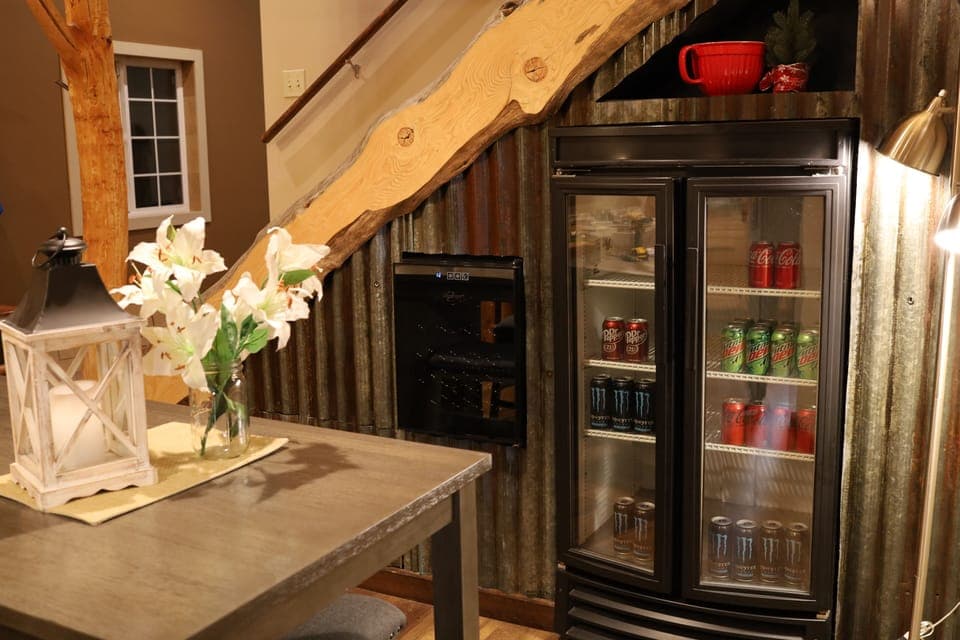 Beverage fridge and wine cooler.
