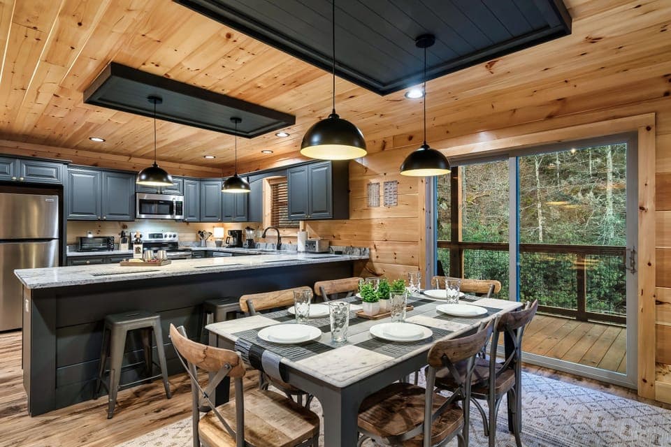 Showcasing the dining area overlooking the kitchen.