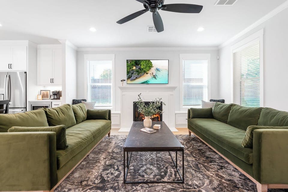 Symmetrical seating in this cozy living room allows for enjoyable conversation