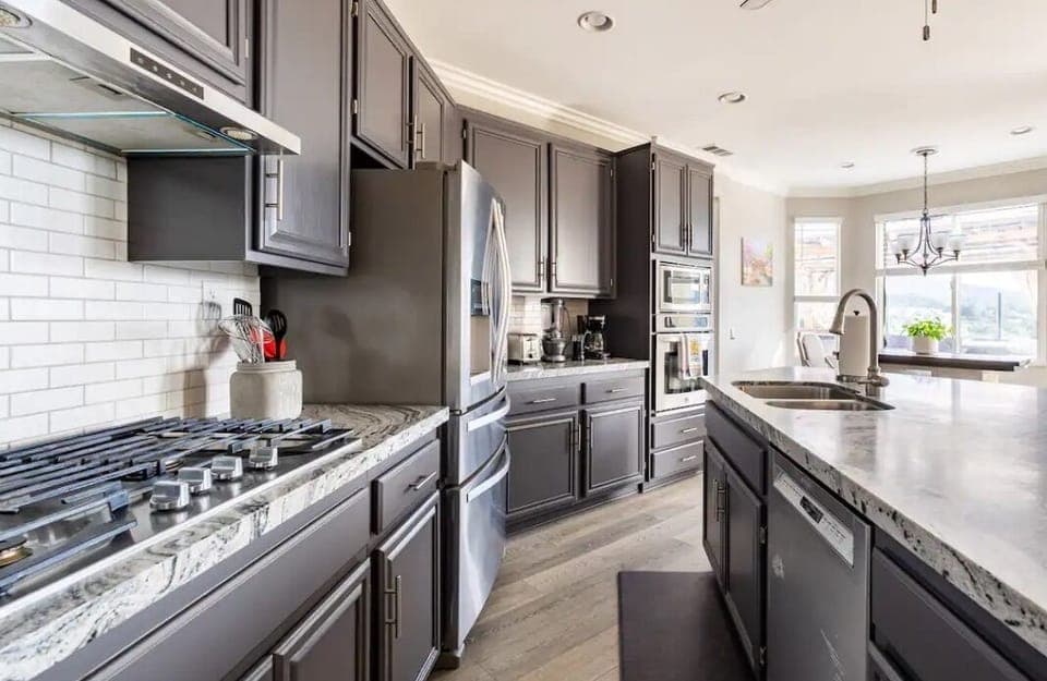Kitchen area with a mountain view
