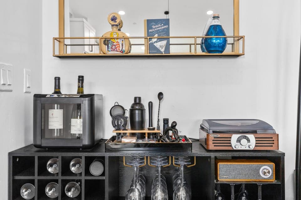 upright wine chiller, record player and BT speaker 