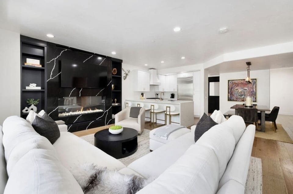 Living room, kitchen and dining area