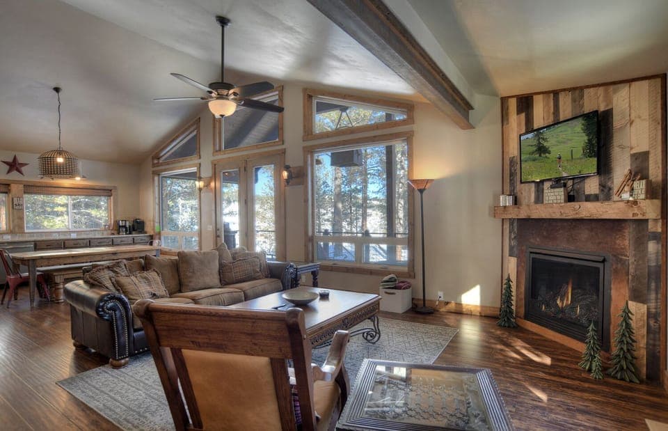 Open living room with gas fireplace