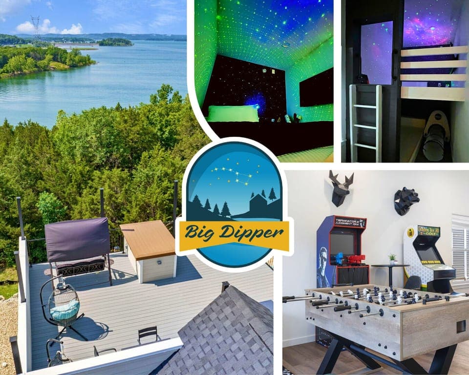 Welcome to Big Dipper—where lakefront views meet family fun! Enjoy a rooftop deck, stargazing bunk room, arcades, and cozy spaces for everyone.