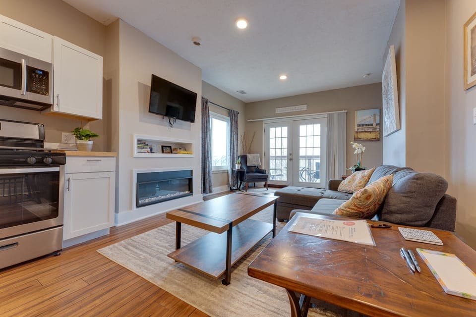 Living room and kitchen allow everyone to stay together when reheating takeout!