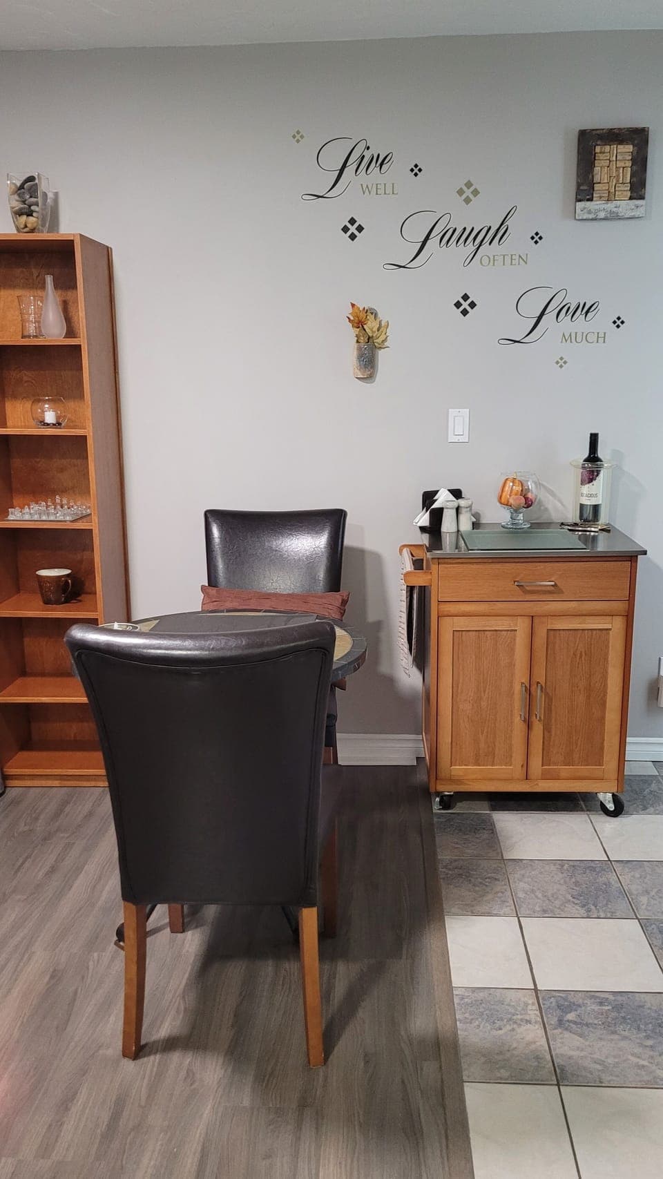 Bistro table & chairs for work/meals & kitchen cart. Lap desk for work in bed...