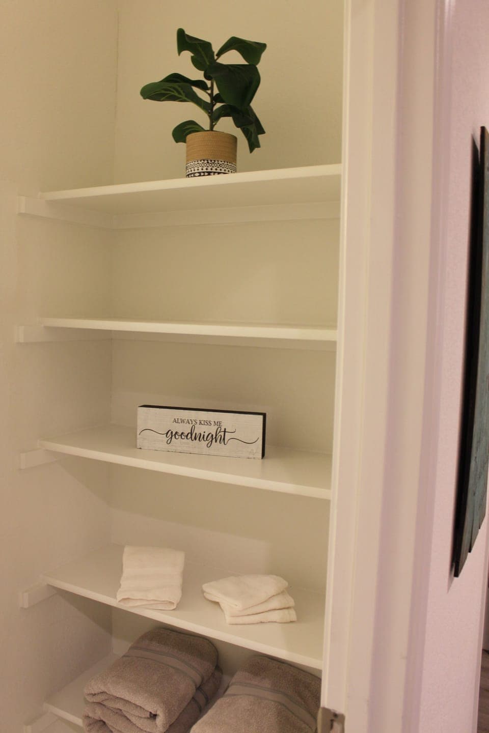 As you walk into the downstairs primary bathroom 1, there are shelves.