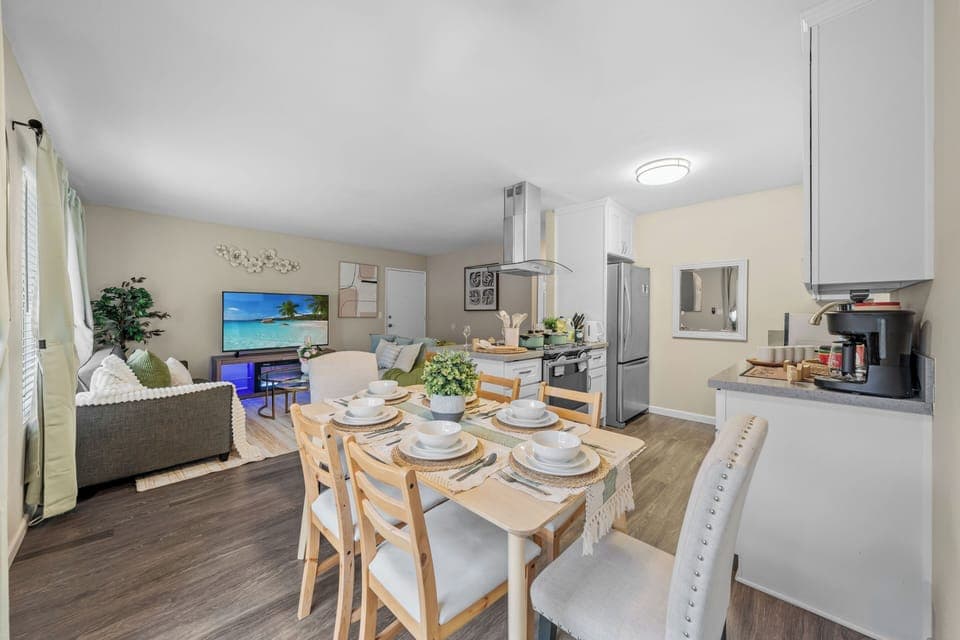 Cook a meal or order in, the dining space is the perfect setting for six