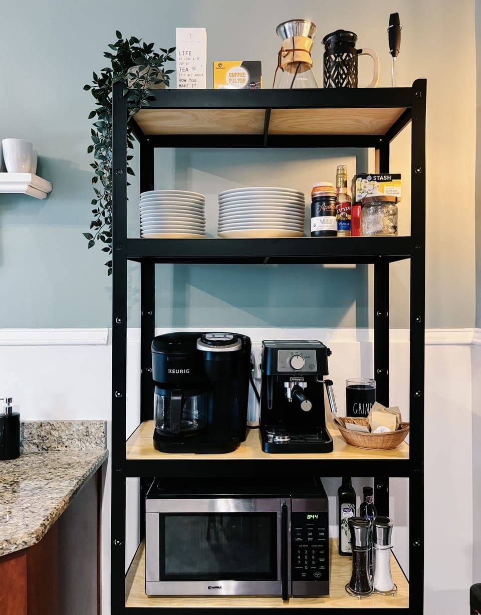 Coffee maker, espresso machine, Keurig, pour-over & French press provided.