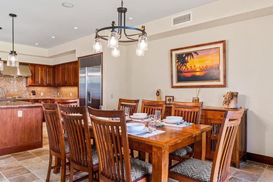 Seating for eight guests around the dining table.