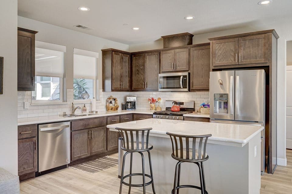 Kitchen with bar seating.