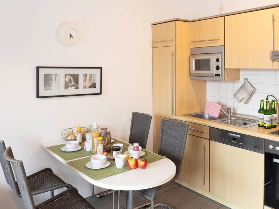 Furniture, Interior Design, Flooring, Floor, Chair, Lighting, Table, Room, Kitchen, Apartment