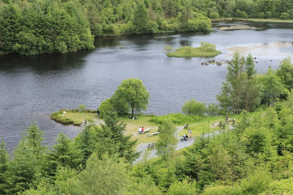 Lake with island, footpath and picnic area