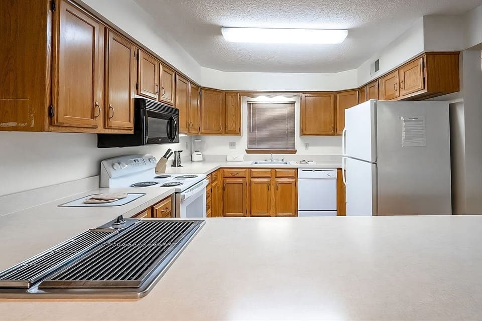 Spread out groceries and snacks on the large serving counter.