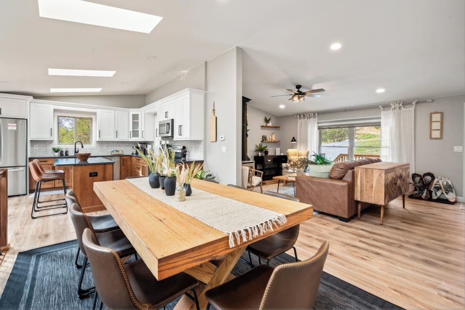 Incredible dining table for intimate gatherings! Seats 8 + chairs in closet