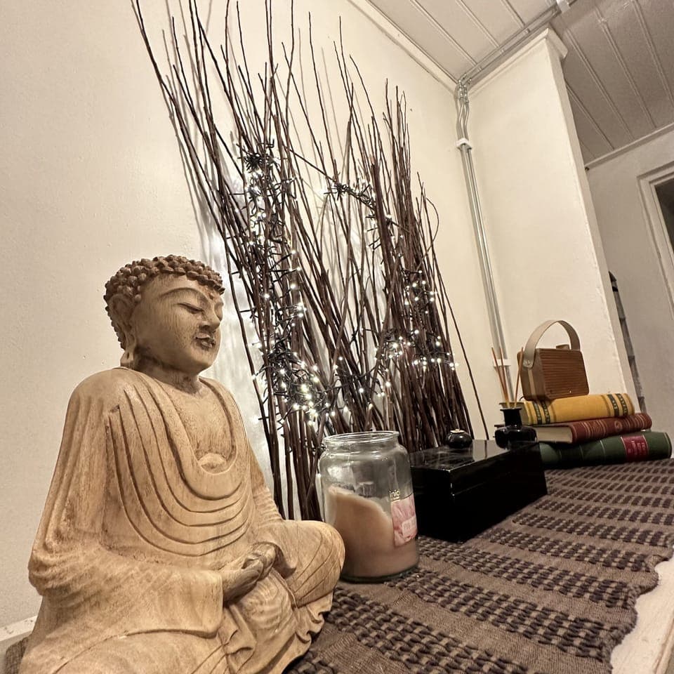 The hallway has a Bluetooth radio, coat rack, and vacuum cleaner.