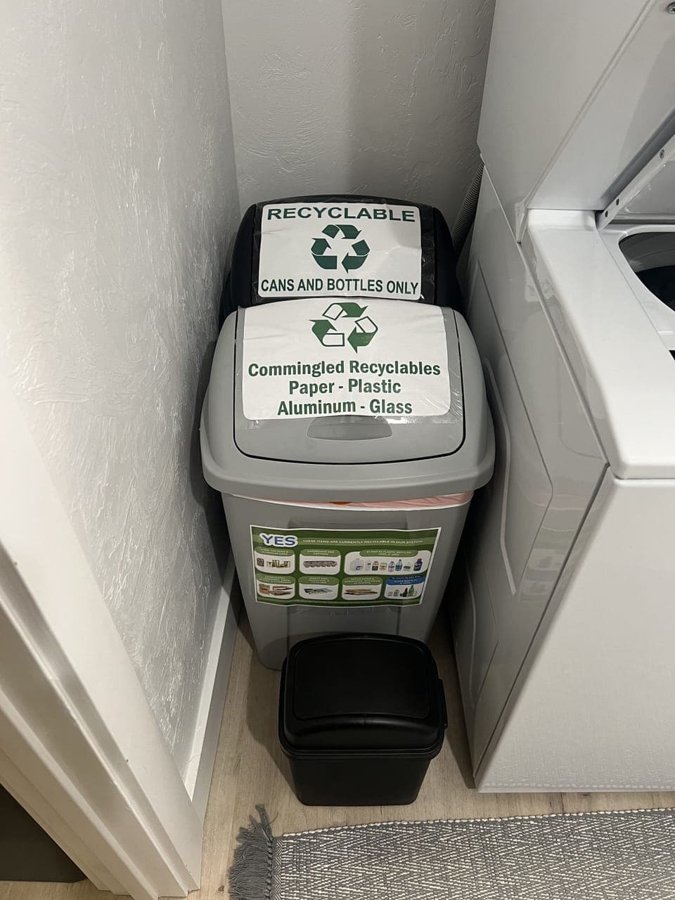 Recycling system in place to recycle cans/bottles, cardboards and plastics. 