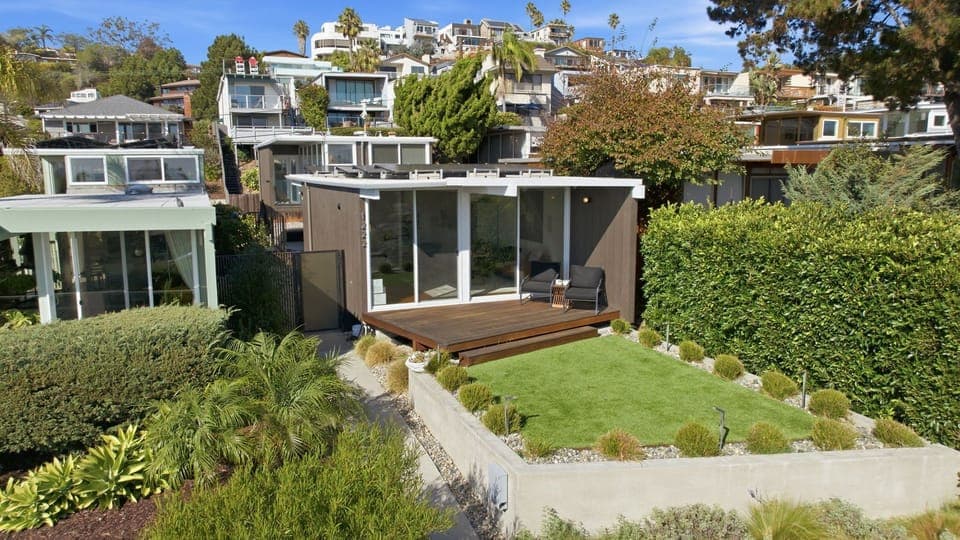 Aerial shot of front terrace and deck