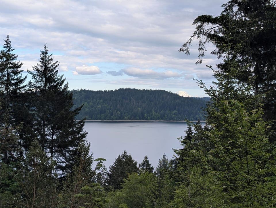 View of Mt Rainier and Hood Canal from deck