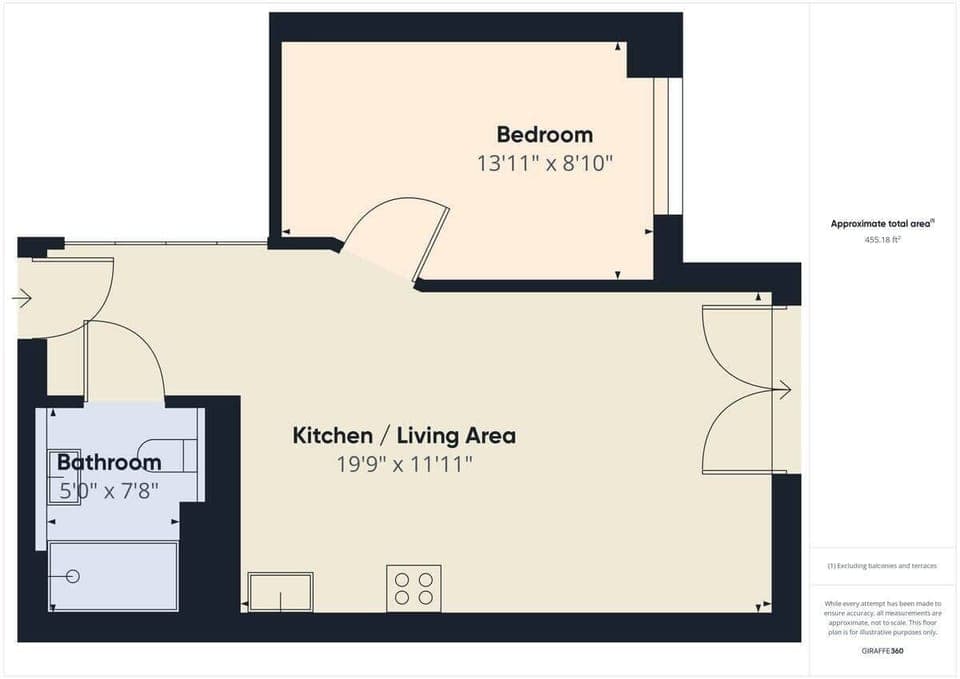 A digital floor plan showing a layout with a spacious living and kitchen area, bedroom, and bathroom.