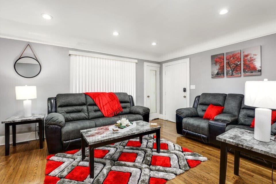 Watch your favorite show on the large smart TV above the intimate fireplace.