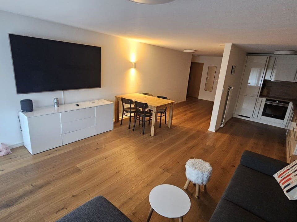 Furniture, Interior Design, Flooring, Floor, Wood, Wood Flooring, Room, Ceiling, Television, Table