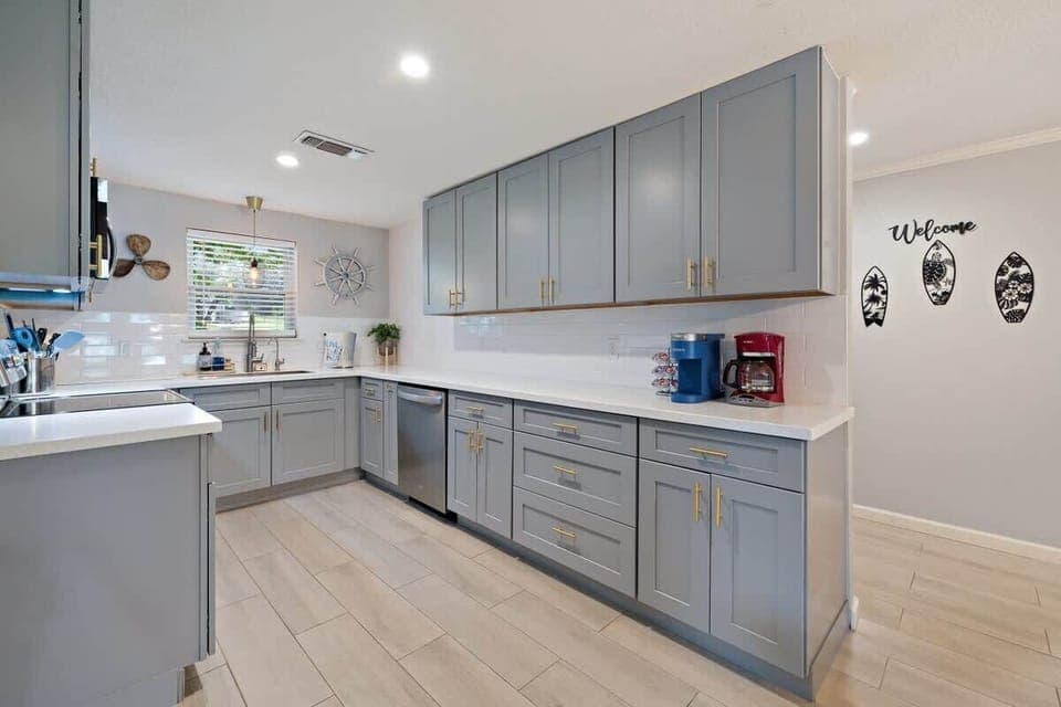 Cozy kitchen with thoughtful details like a coffee station and pantry staples to get you started.