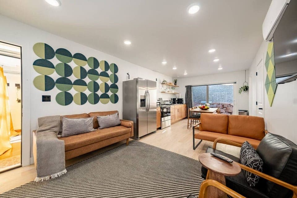 Welcome to our open living room/dining room.