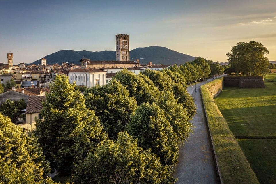The beautiful, medieval walled city of Lucca is 30 mins by car or bus