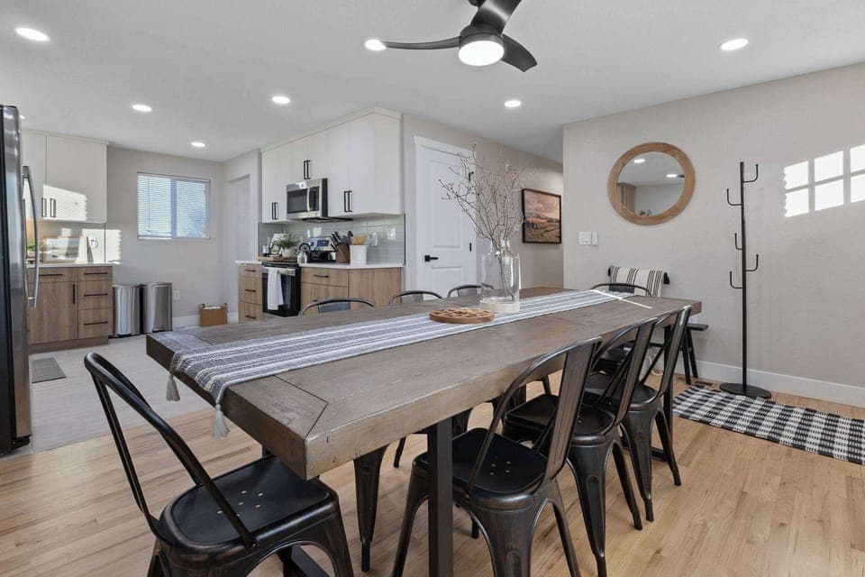 The kitchen is just past the dining room.