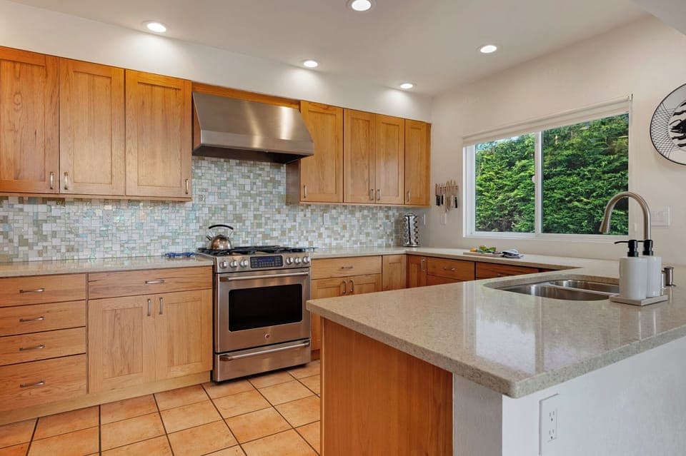 Recently remodeled kitchen, generously equipped and with ample counterspace.