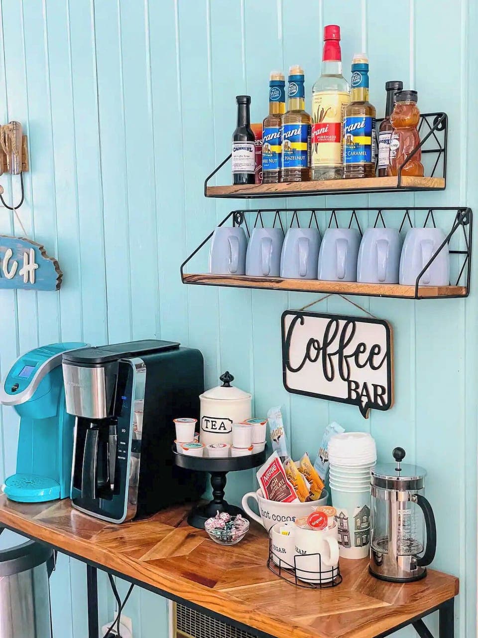 Our coffee bar will start out your day with coffee, tea, cocoa and flavorings.