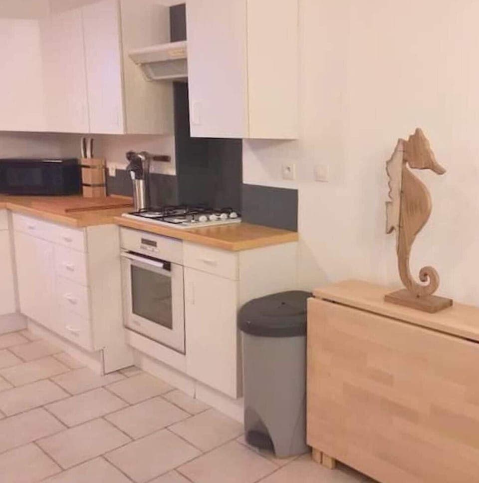 Large kitchen opening onto the living room, fully equipped