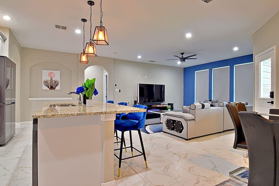 Living Room with 85" Samsung 4K TV and Dolby Atmos Surround Sound