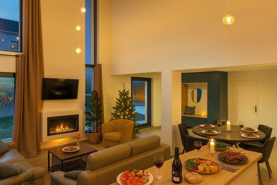 Festive living area with fireplace—perfect for Christmas and New Year stays.