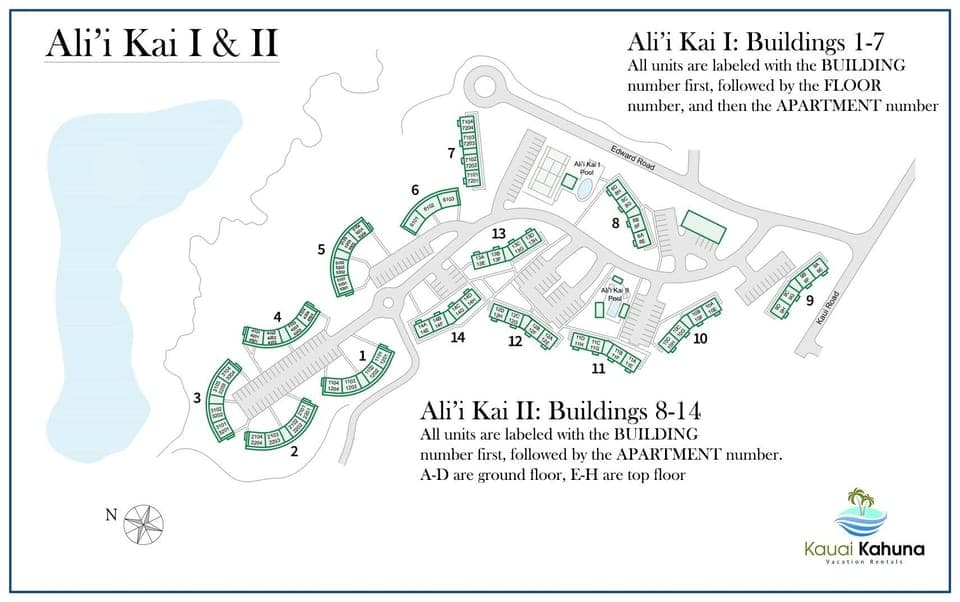 Map - A map of the complex. Alii Kai 2201 is in building number 2 on the second floor, and the pool is down the road adjacent to building 8
