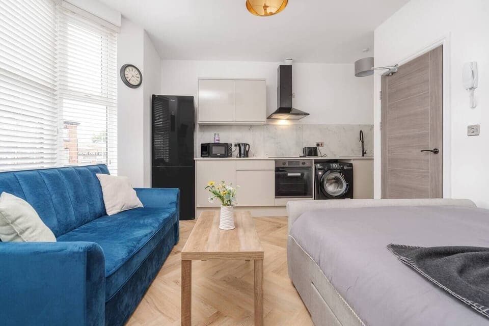 Open-Plan Studio Layout with Sofa Bed and Fully Fitted Kitchen