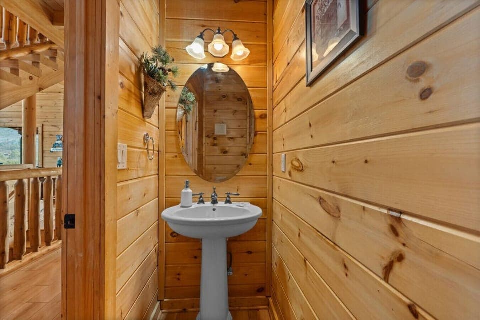 There is a half bathroom conveniently located just off the kitchen and living room area on the main floor.