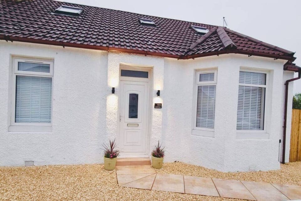 Entry door with lights.