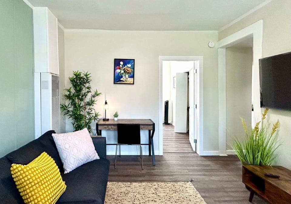 Living room area, with  queen size sofa bed and desk