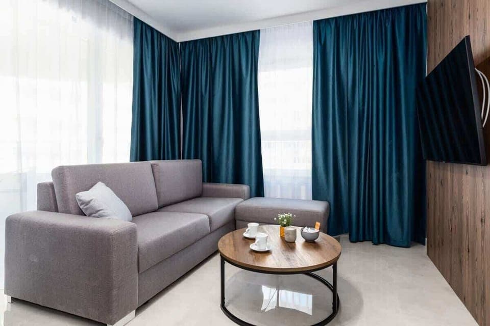 Comfortable, fold-out sofa in the living room. 