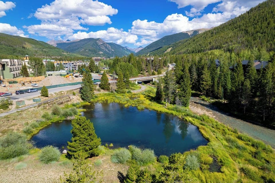 Aerial view of a small lake surrounded by trees and vegetation with mountains and a cluster of buildings in the background under a partly cloudy blue sky.